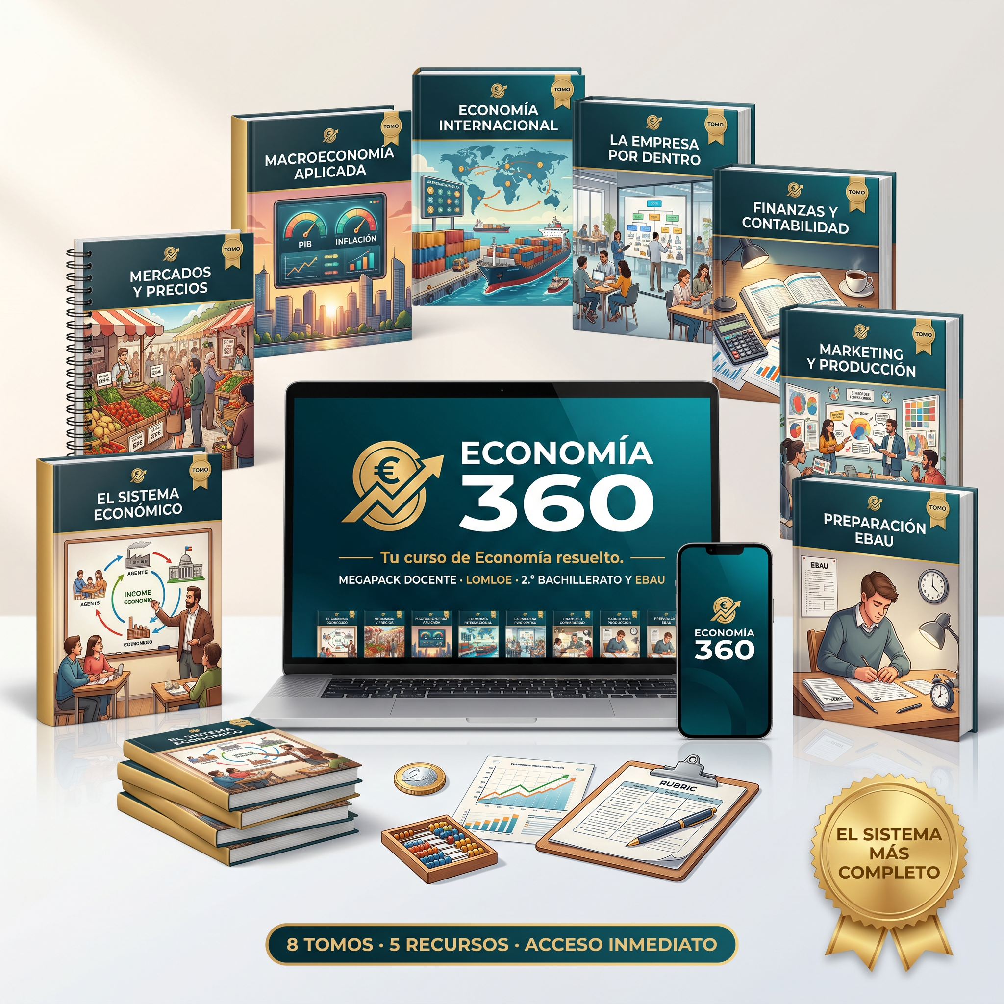 Mockup Economía 360 · Completo (8 tomos + 5 bonos)