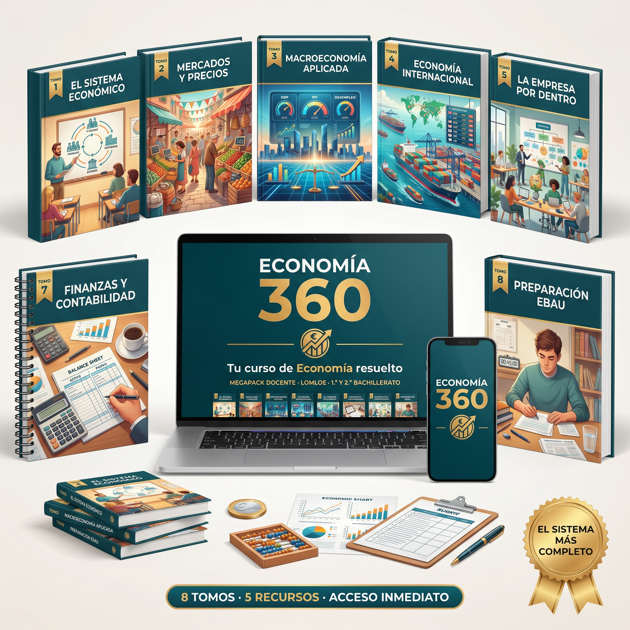 Mockup Economía 360 · Completo (8 tomos + 5 bonos)