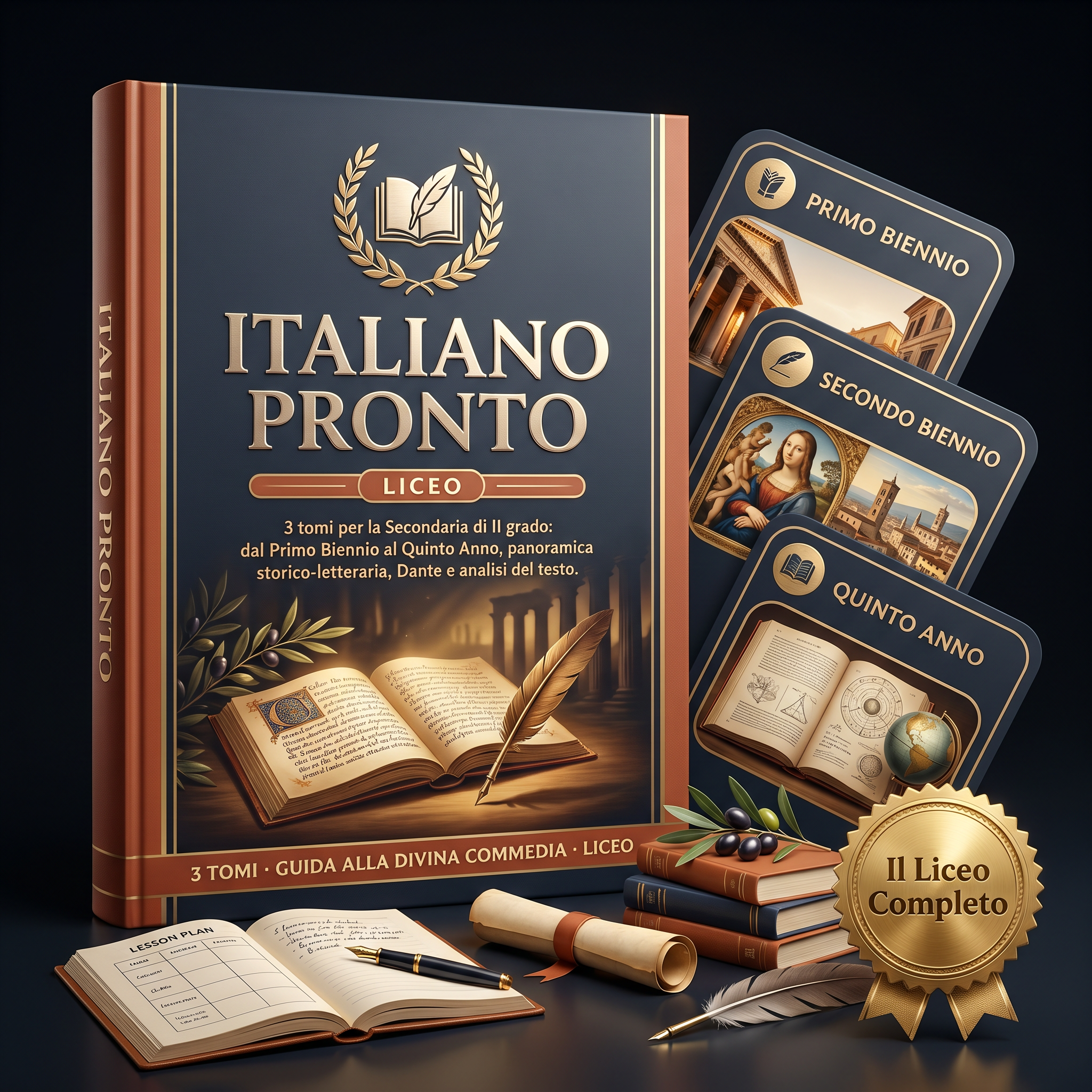 Italiano Pronto Liceo — mockup dei 3 tomi del Liceo
